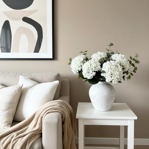 RyddeligHome five-head hydrangea arrangement with eucalyptus greenery.