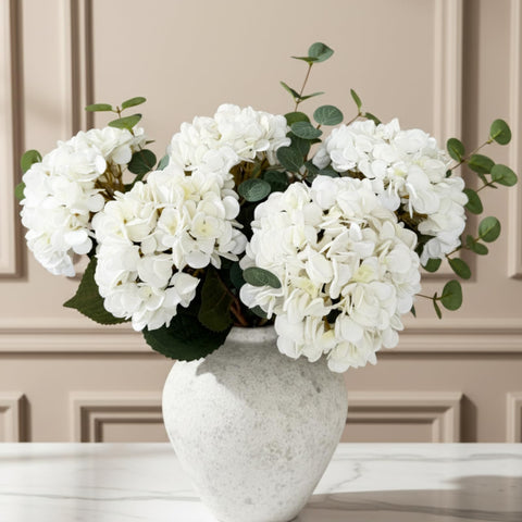 RyddeligHome real touch hydrangea and eucalyptus 5-head centerpiece for tables.