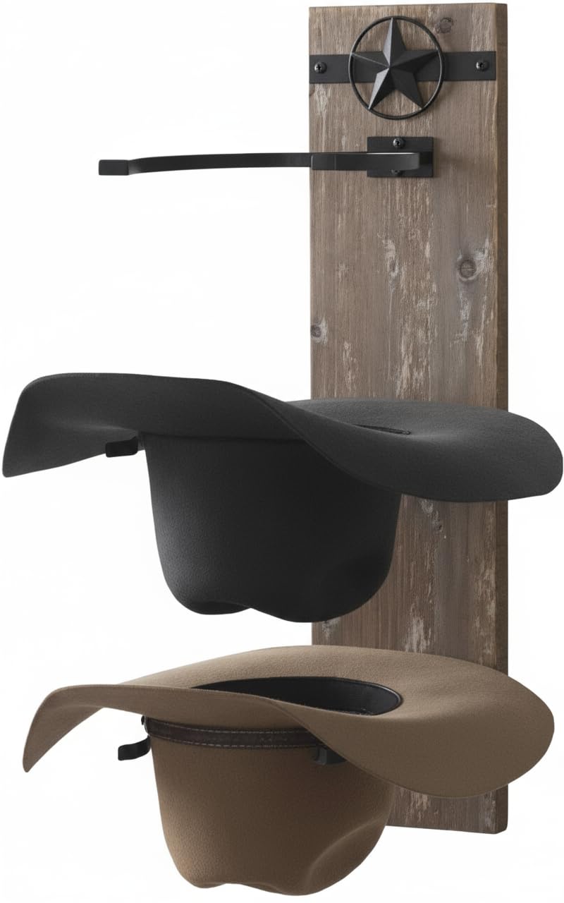 Ryker Ranch Cowboy Hat Rack on wall display showcasing hats and brim protection.