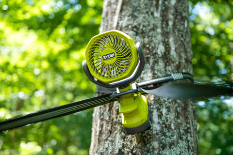 RYOBI RCF18-0 clamps to pram or bike for on-the-go breeze