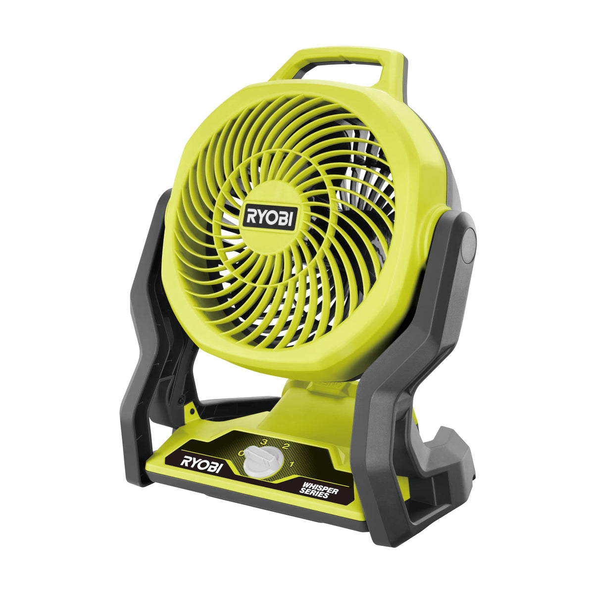 RYOBI RF18-0 cordless fan with carry handle delivering portable cooling for home, campsite, or workshop.