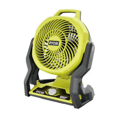 RYOBI RF18-0 cordless fan with carry handle delivering portable cooling for home, campsite, or workshop.