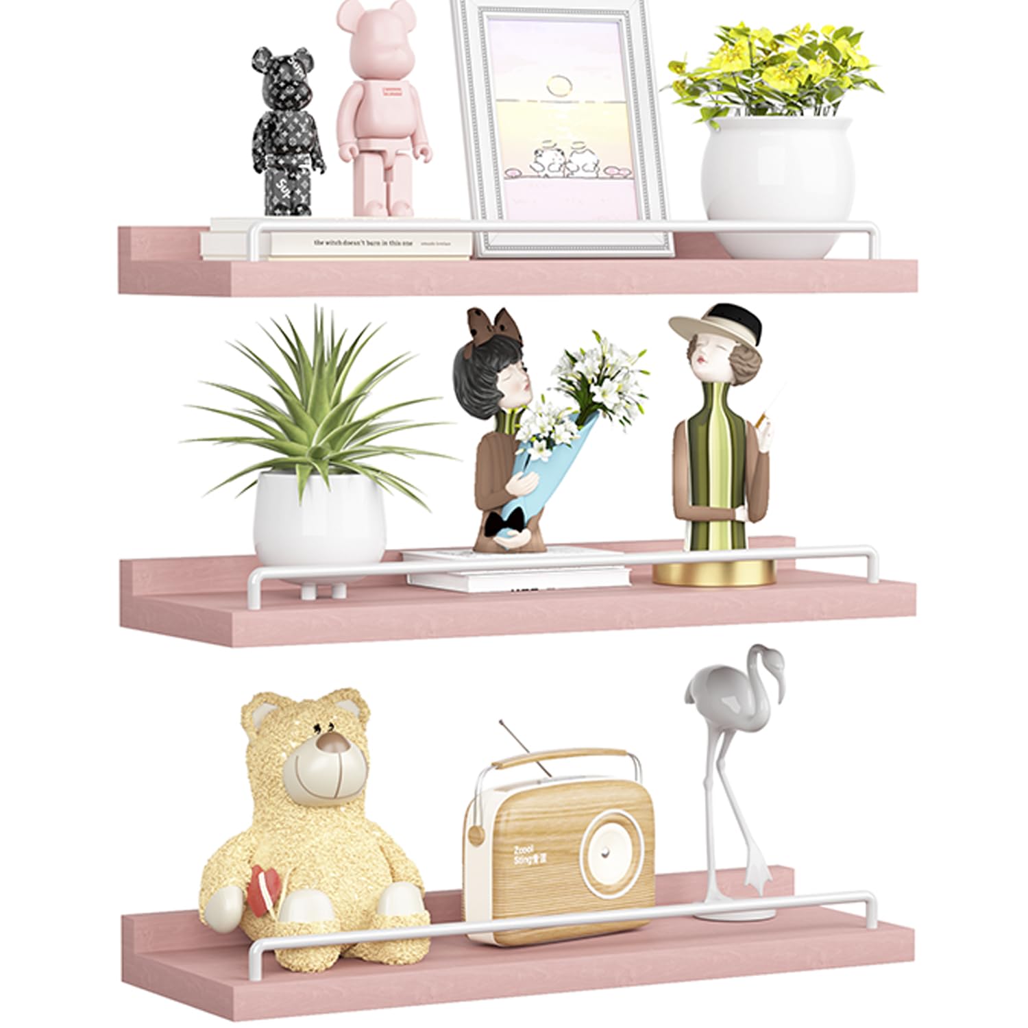 RYOFOBETTO pink and white floating shelves mounted on wall for stylish storage.