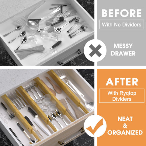 Ryqtop bamboo drawer divider installed helps organize utensils and clothes efficiently.