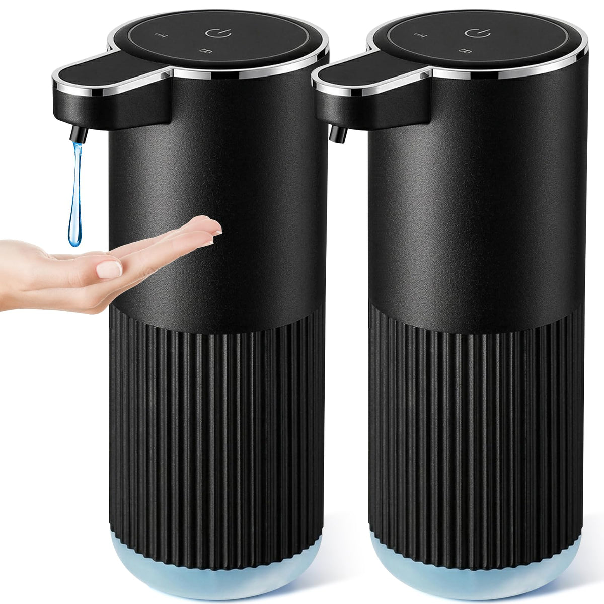 RYTOXILO automatic soap dispensers in a 2-pack on the countertop for quick handwashing.