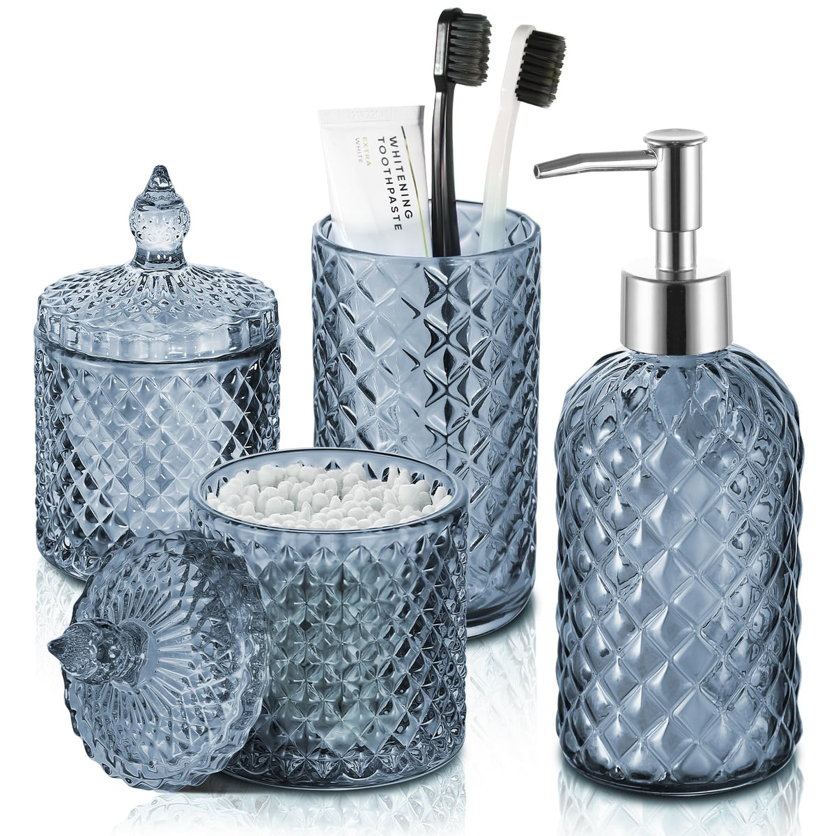 RYTOXILO blue diamond-pattern bathroom accessories set enhances vanity organization