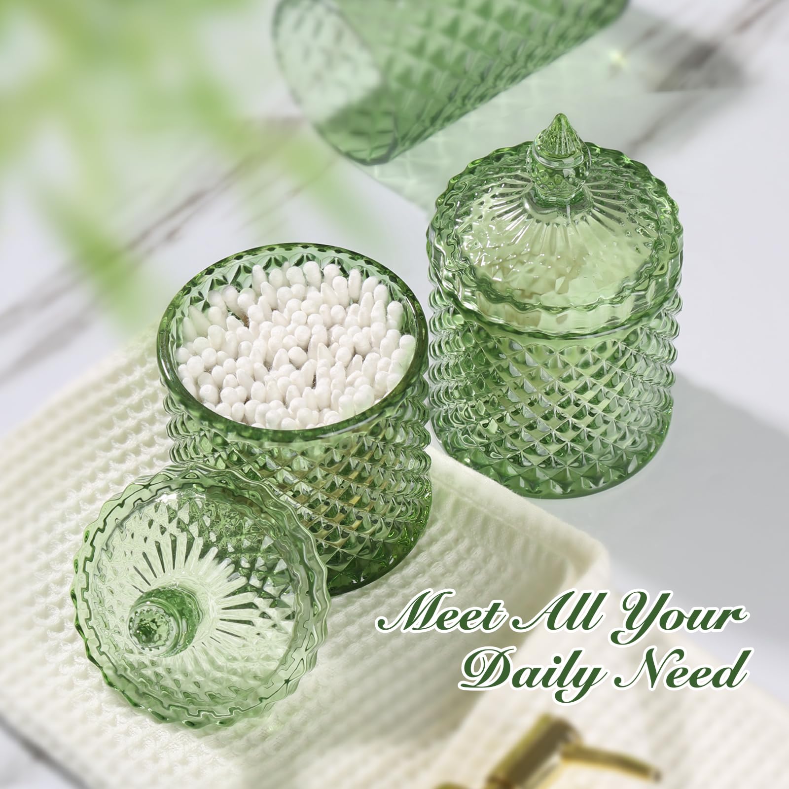 RYTOXILO olive green diamond glass cotton ball holder stores essentials neatly