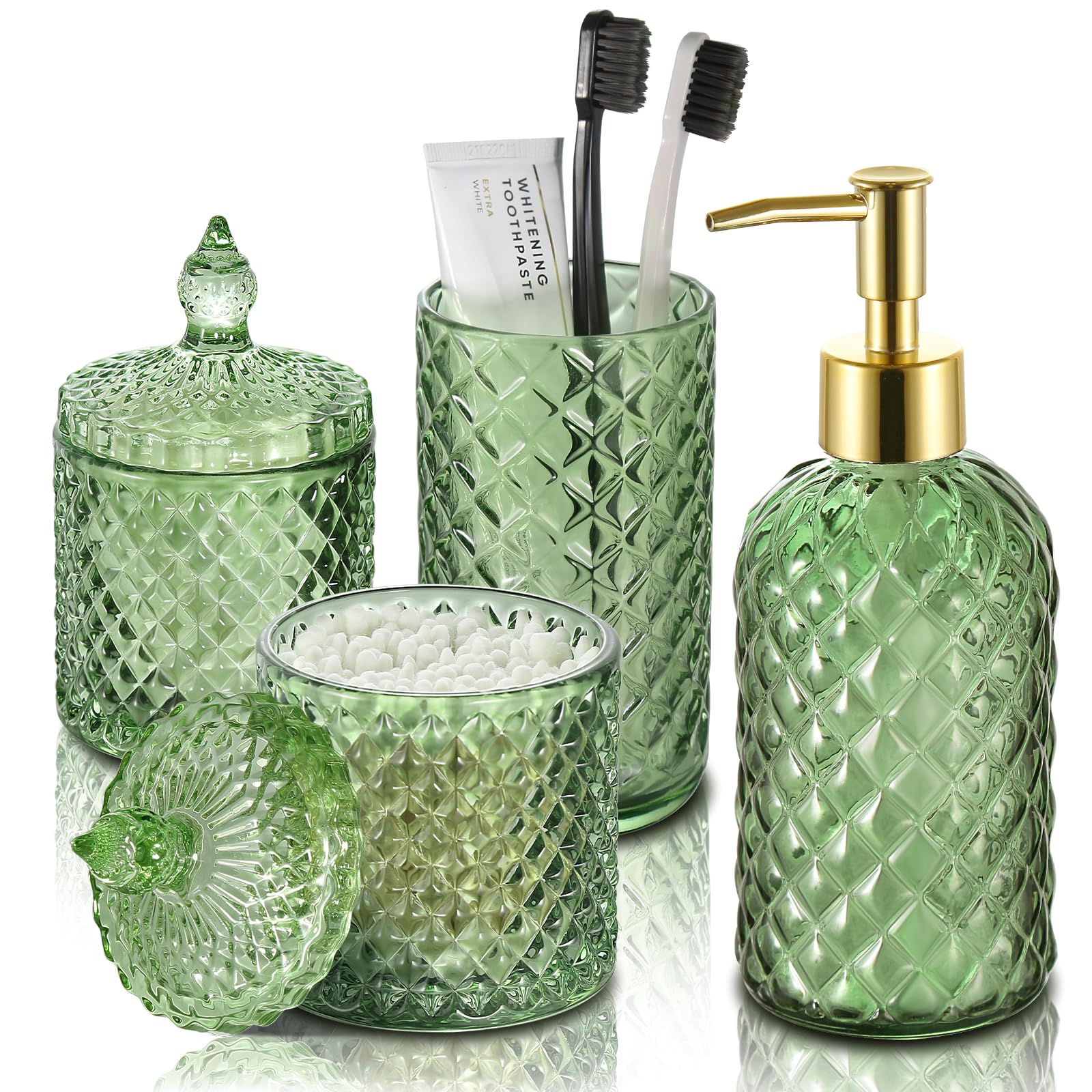 RYTOXILO olive green diamond glass soap dispenser enhances vanity organization