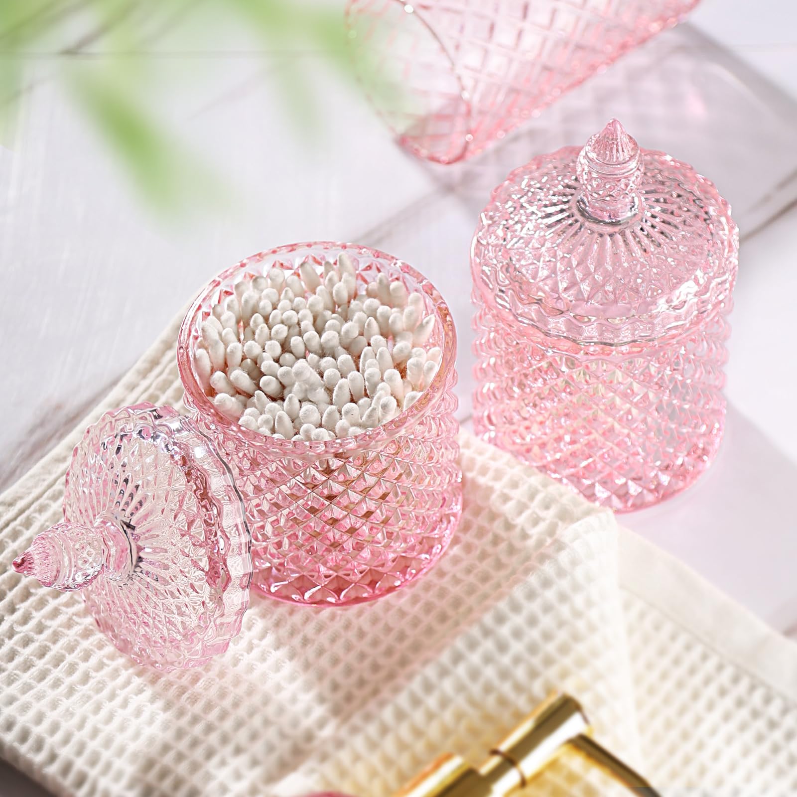 RYTOXILO pink diamond glass cotton ball holder stores essentials neatly