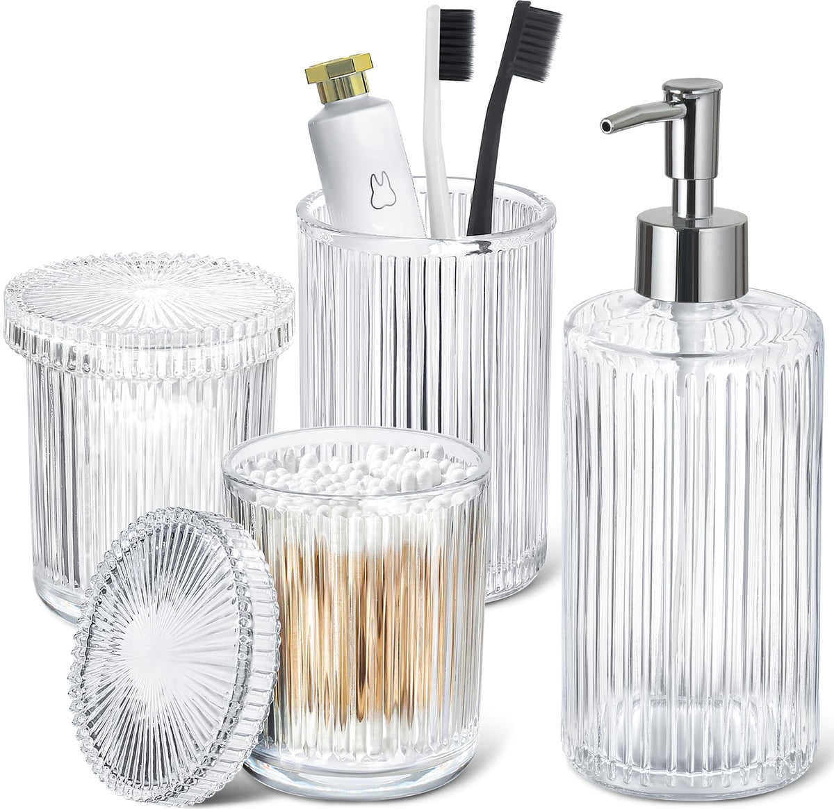 RYTOXILO ribbed dispenser bottle in clear glass, ideal for liquid soap or lotion.