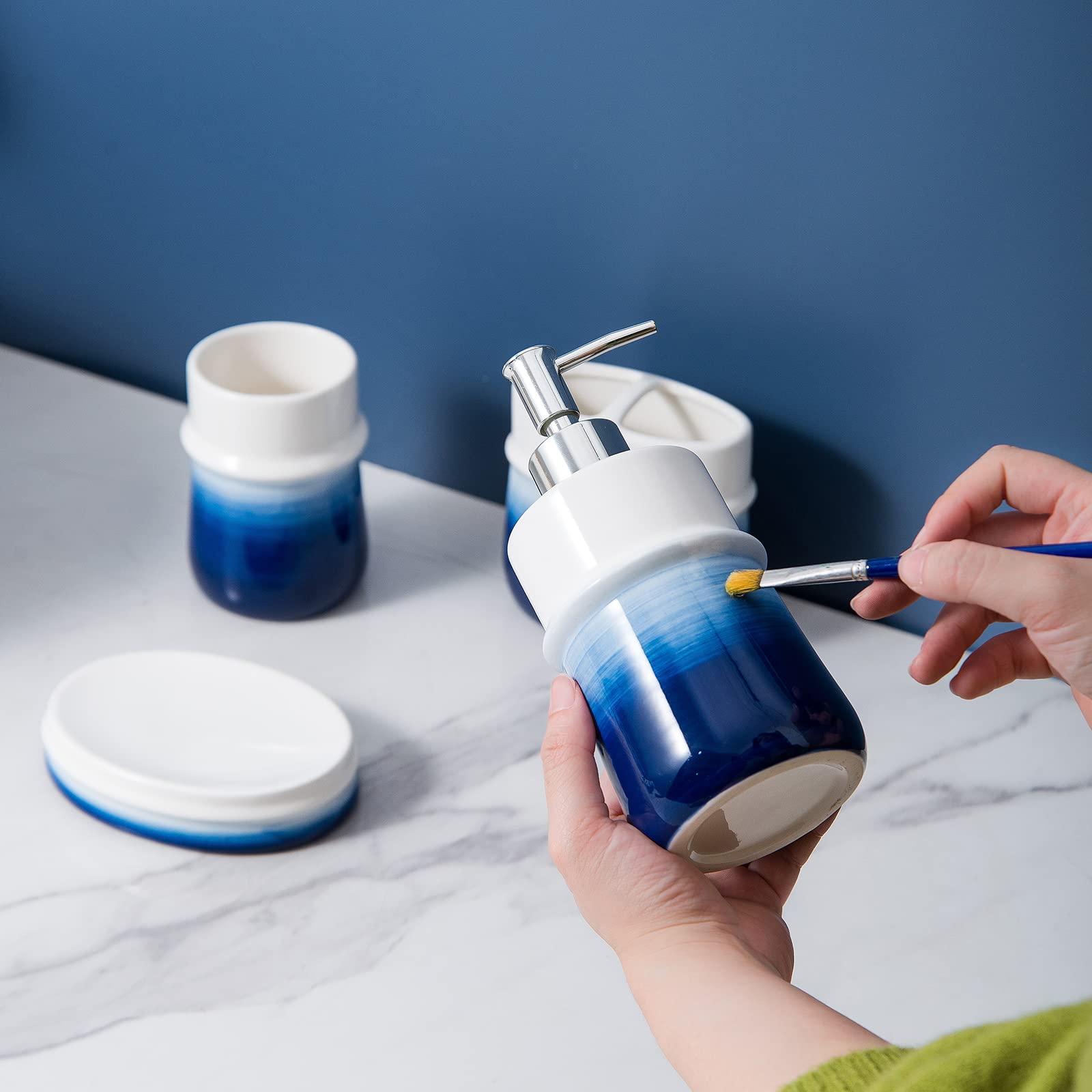 RZCNC full four-piece set elevates bathroom decor with a cohesive navy palette.