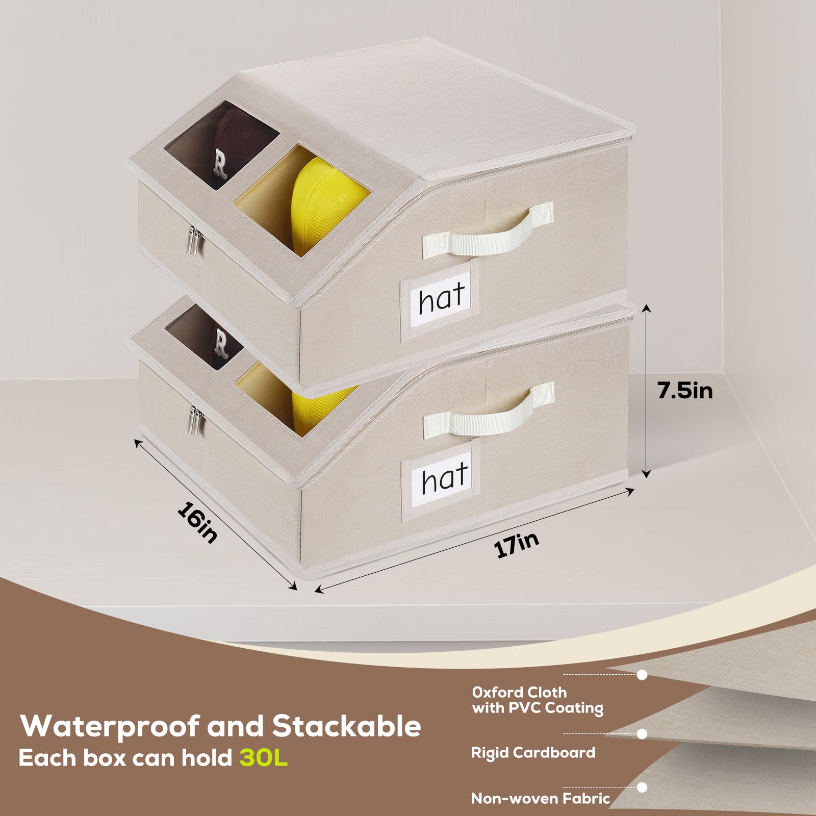 RZMAYIS beige dustproof hat storage with rugged zippers protects caps from dust.