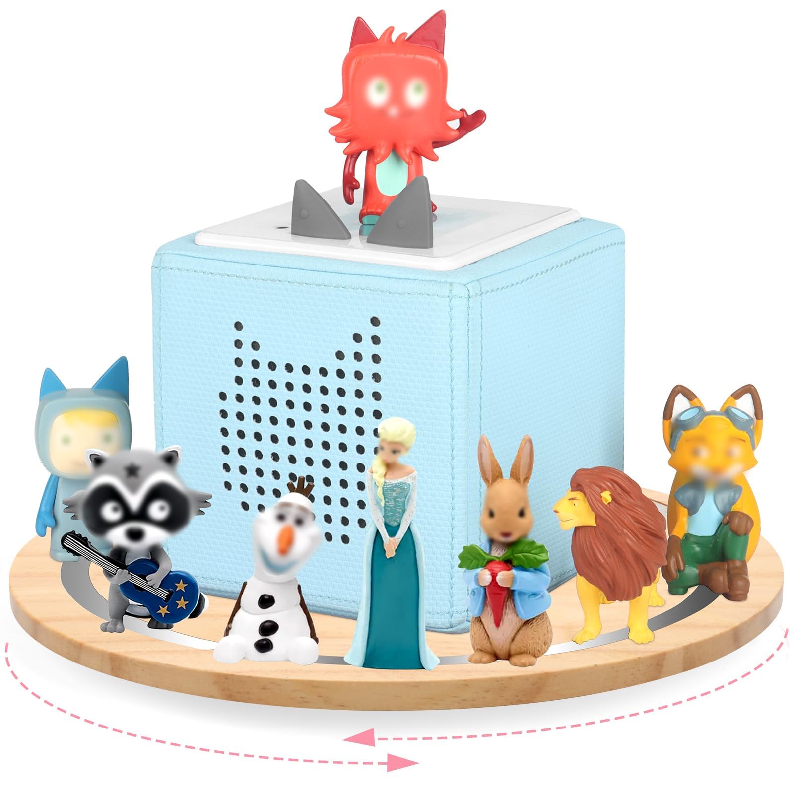 RZYLKA Tonies 360-turntable shelf showcasing organized figures and Toniebox.