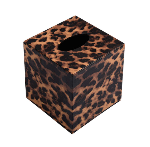 S Forever leopard tissue box cover on table adds chic organization.
