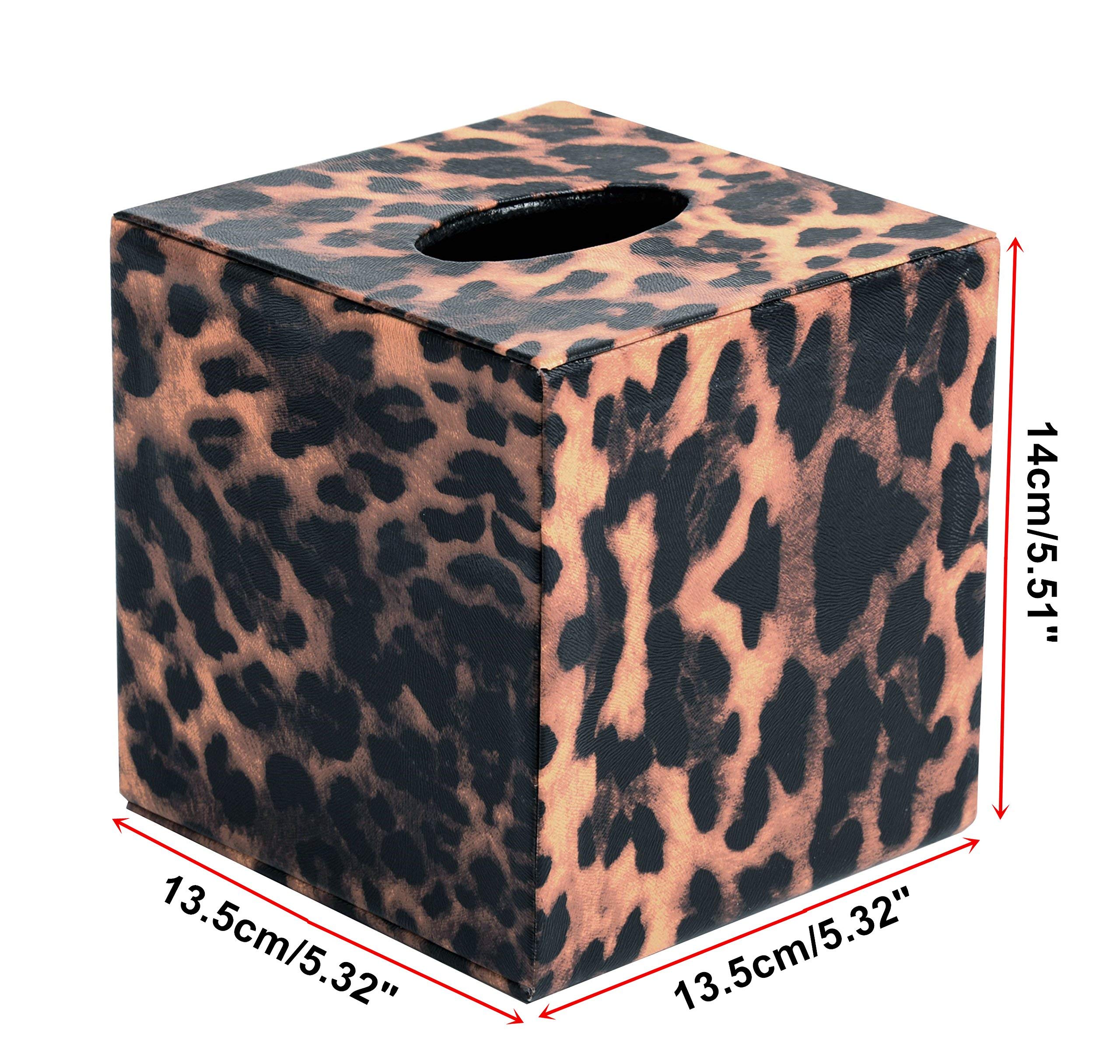 S Forever leopard tissue box cover demonstrates magnetic closure for easy refills.