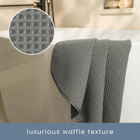 Aura waffle towel with hanging loop; easy air-drying after showers
