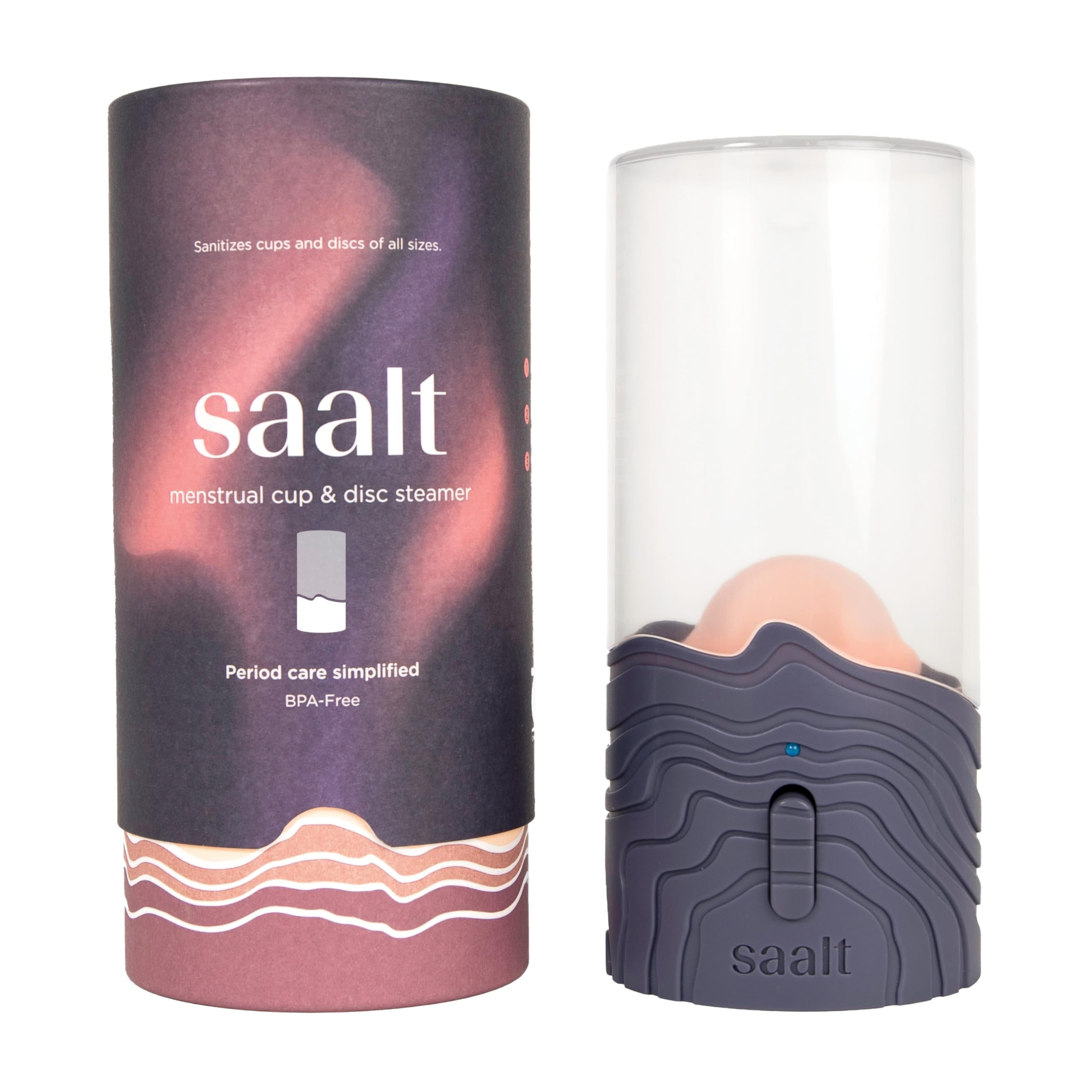 Saalt menstrual cup steamer demonstrating no-boil design for quick sanitizing.