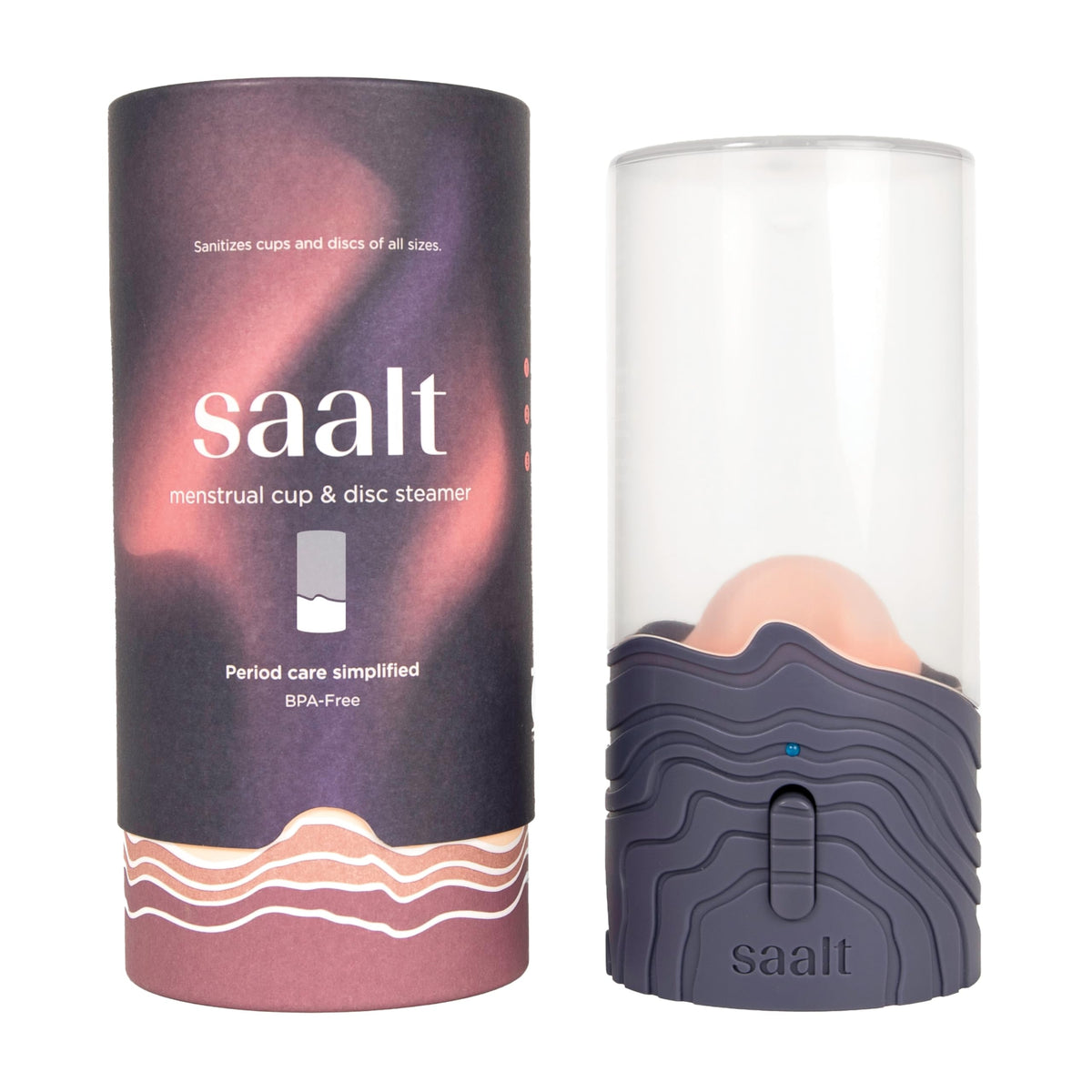 Saalt menstrual cup steamer demonstrating no-boil design for quick sanitizing.