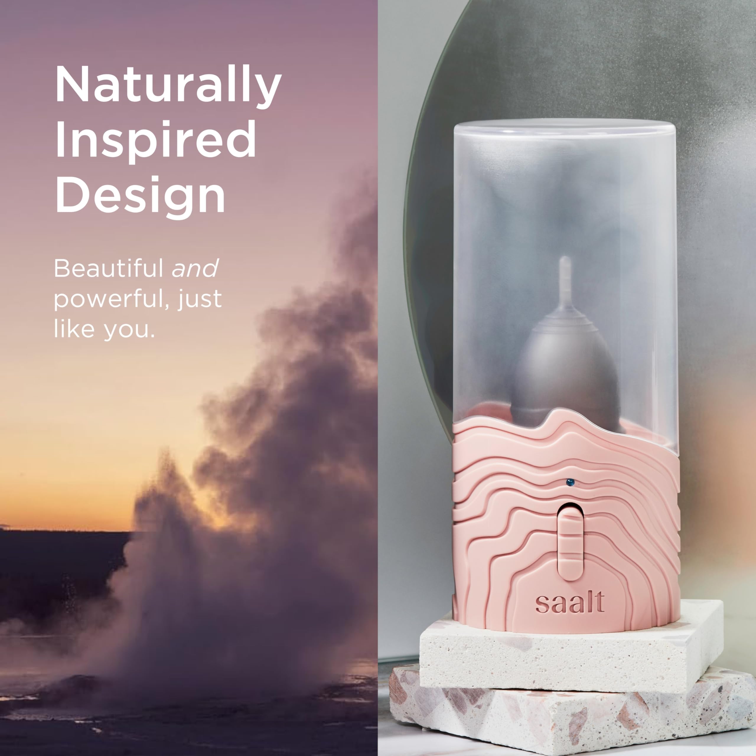 Saalt steamer's compact design fits small spaces for travel and daily use.