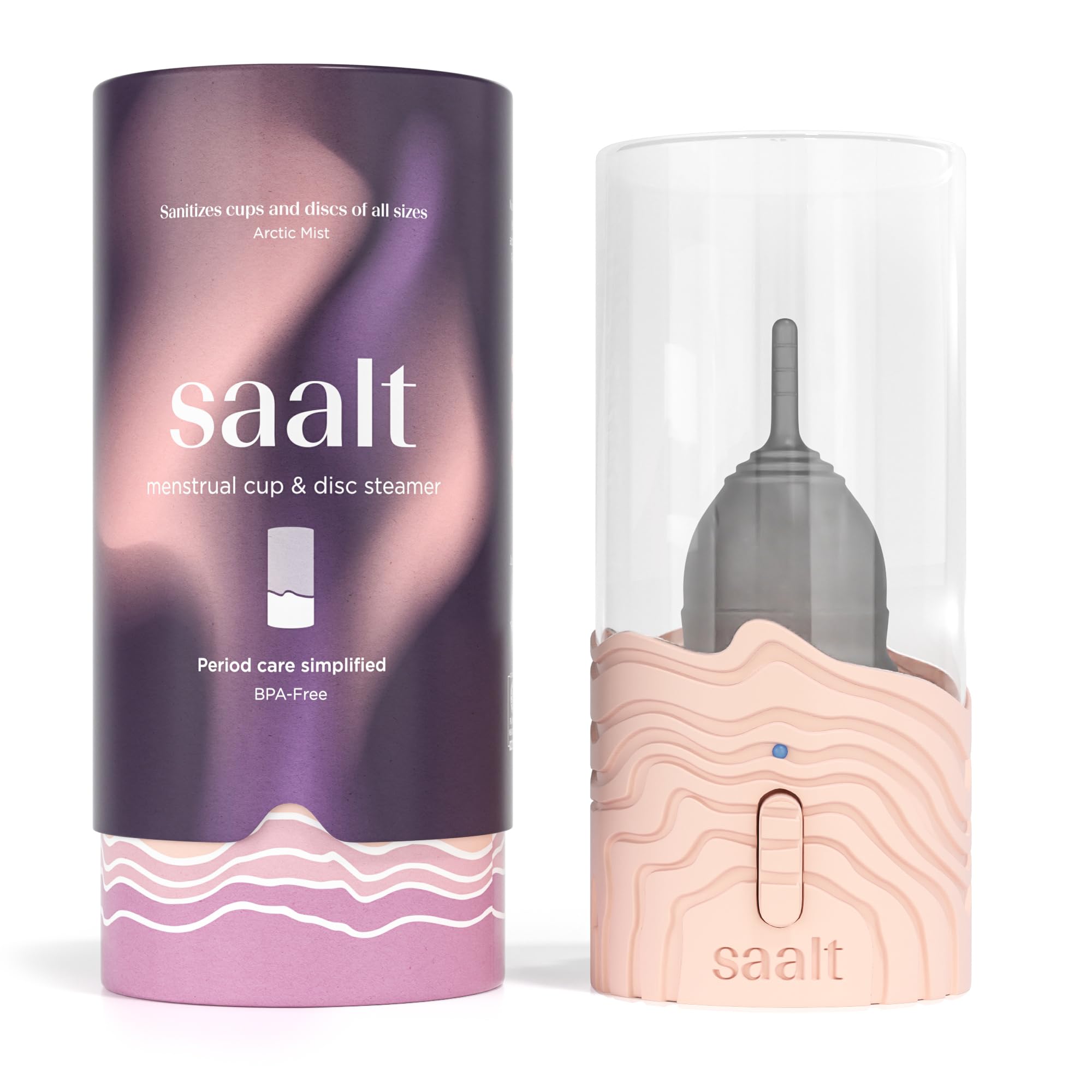 Saalt menstrual cup steamer on the counter shows easy hands-free sanitation for your cycle routine.
