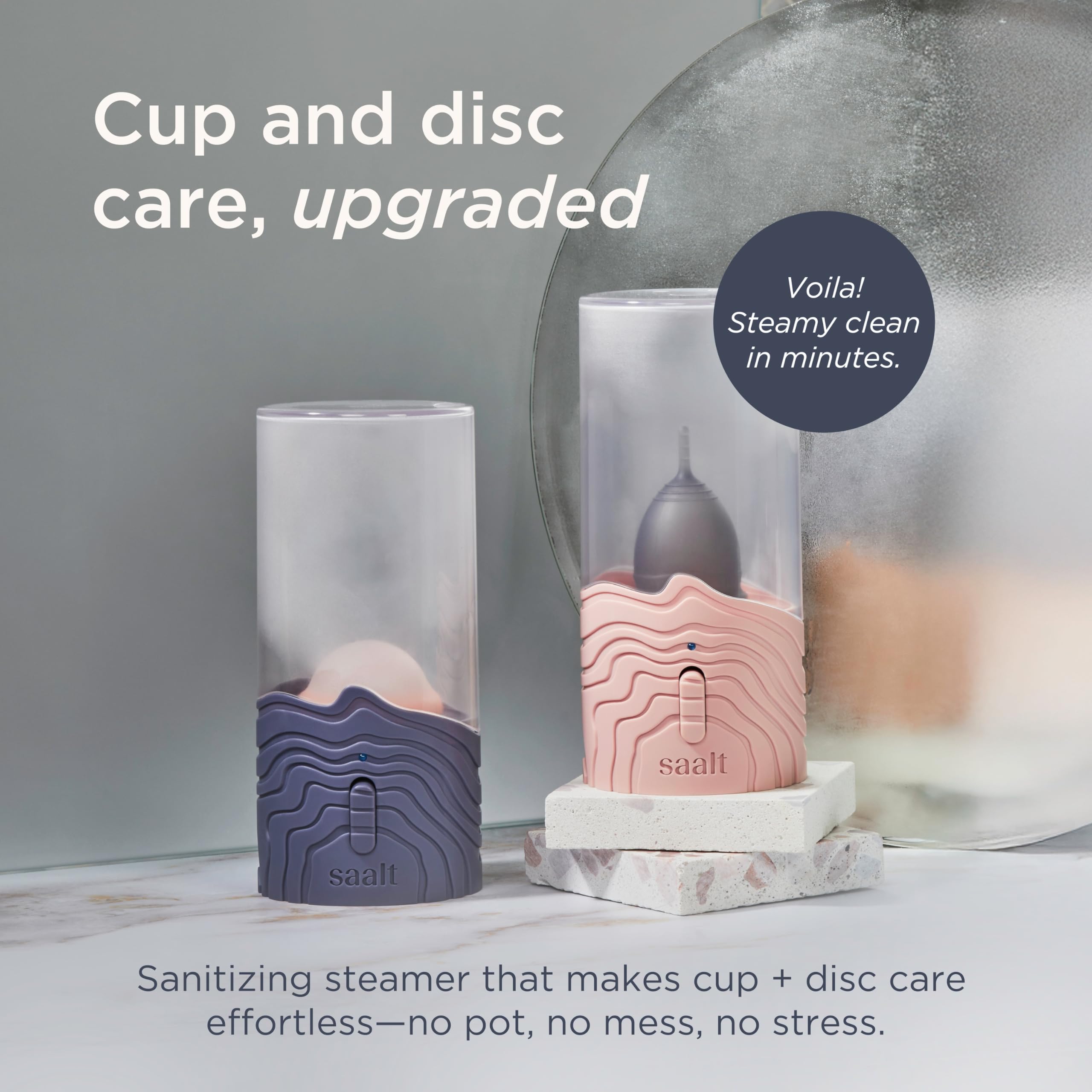 Saalt steam sanitizer in action sanitizing cups and discs efficiently.