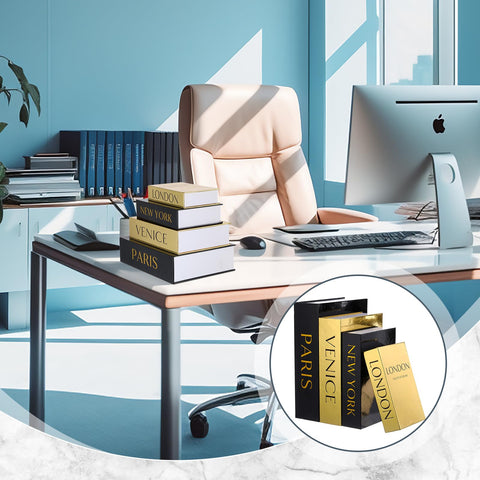Sabary black and gold decor blends with contemporary interiors for chic shelves.