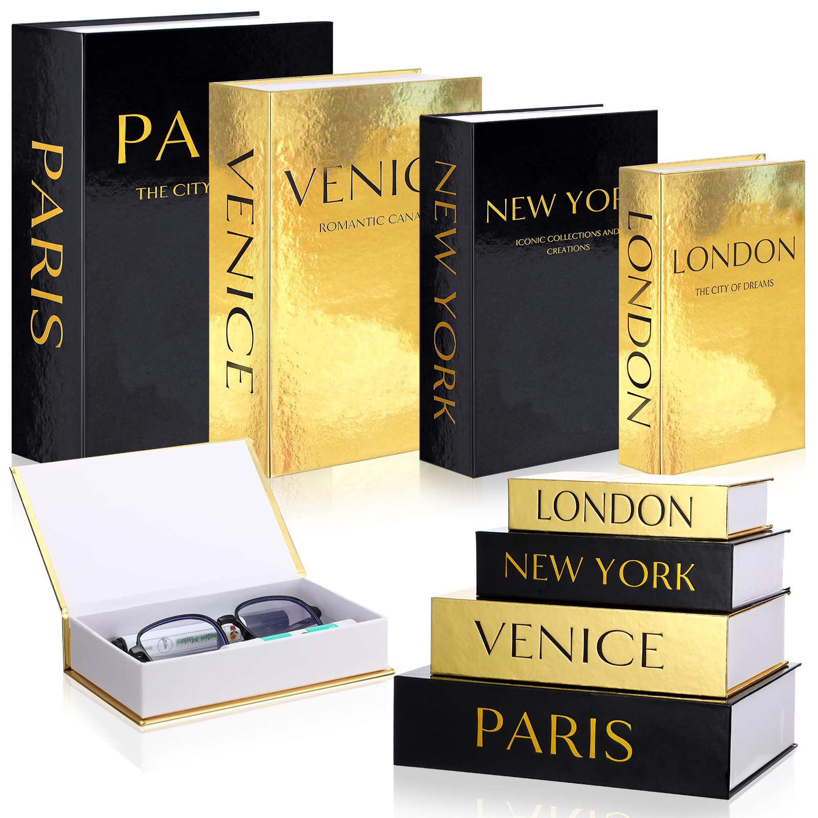 Sabary decorative book boxes with glittery covers elevate coffee table aesthetics.