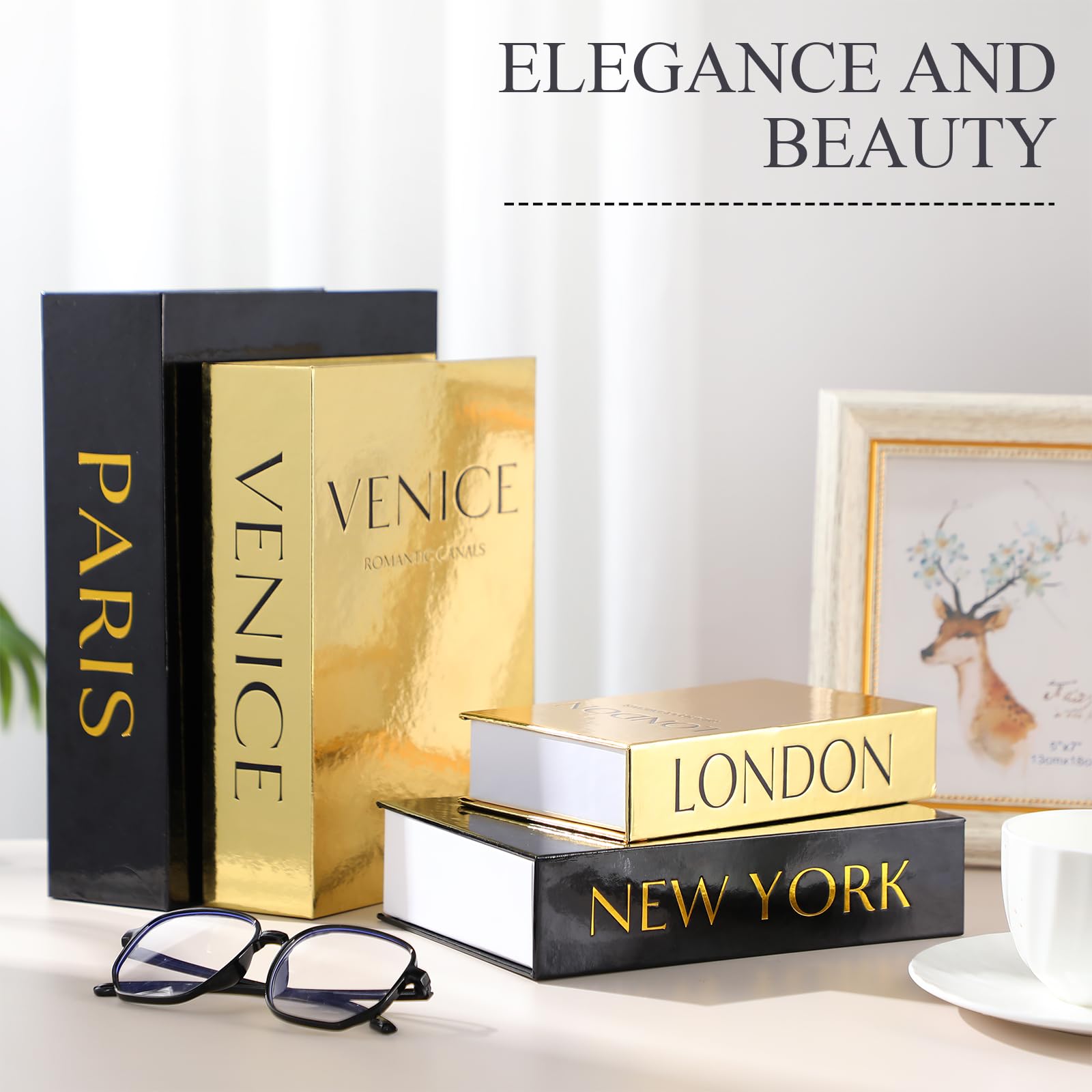 Sabary display on shelves creates a refined study or living room vibe.