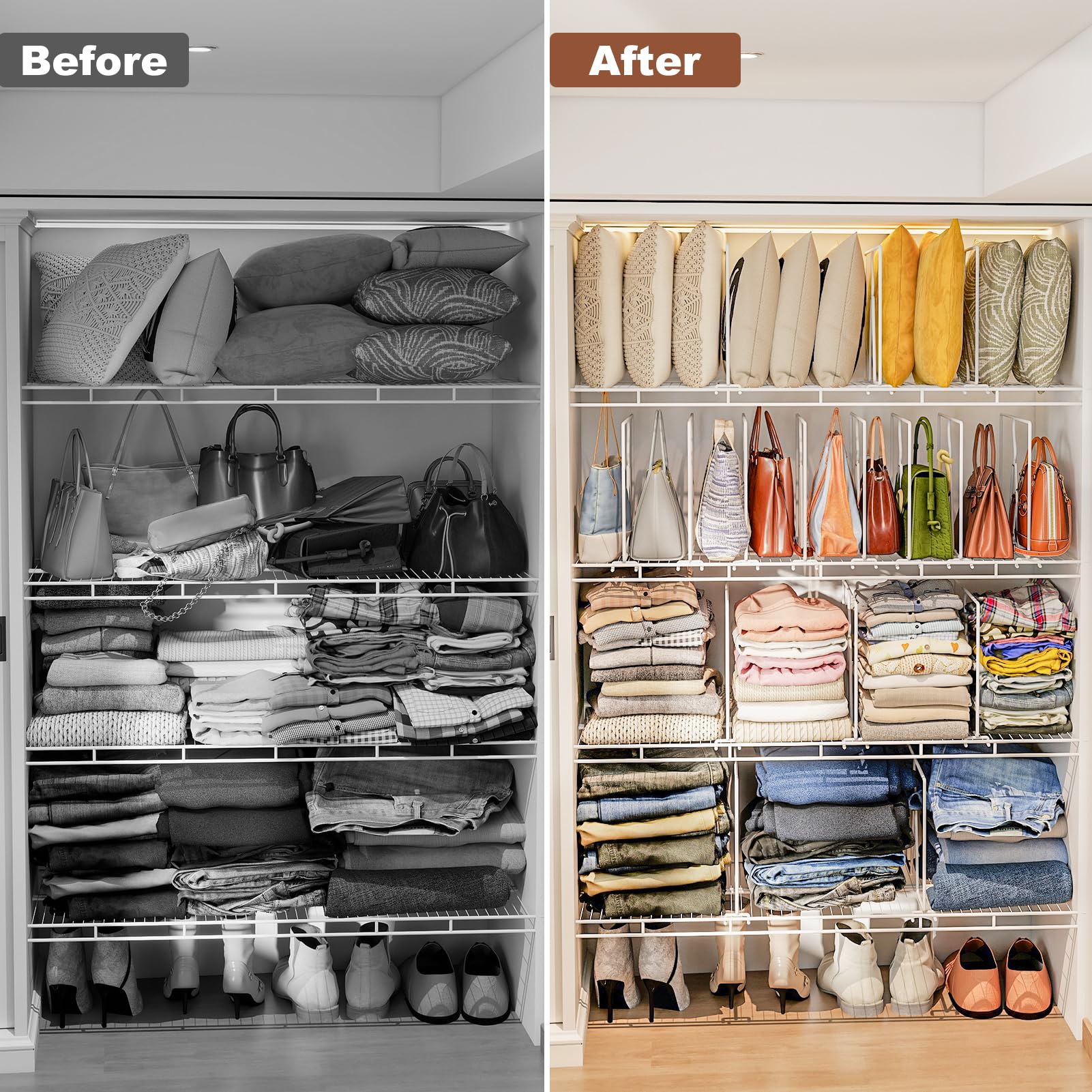 Saccik dividers prevent wobble and toppling on cluttered shelves.