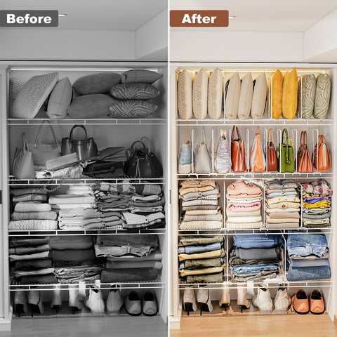 Saccik dividers prevent wobble and toppling on cluttered shelves.