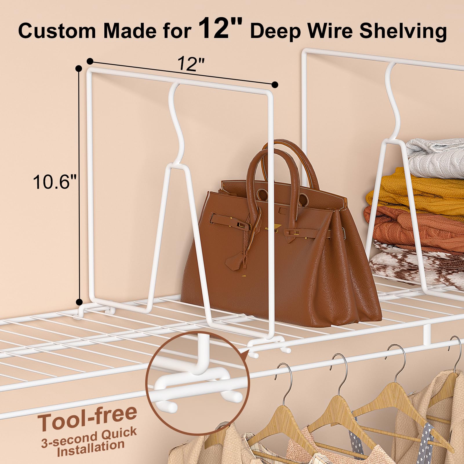 Saccik dividers snap onto wire shelves for quick tool-free adjustments.