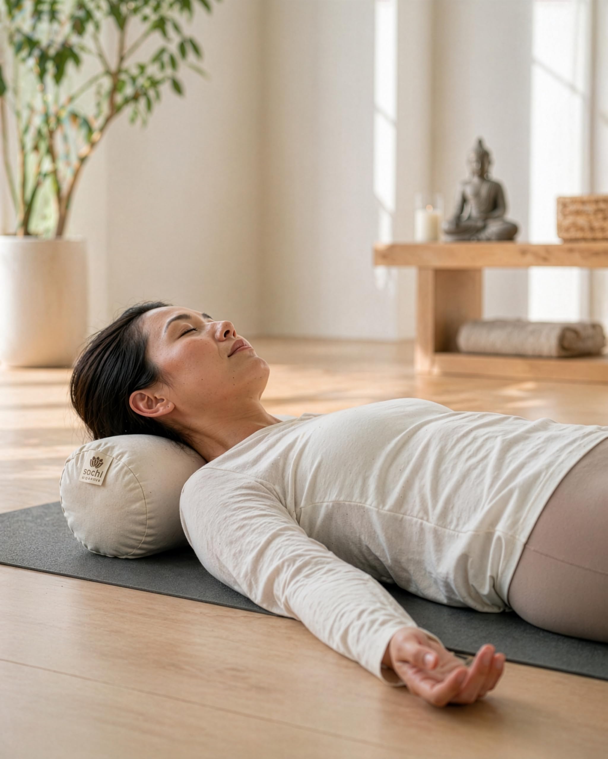 Sachi Organics Buckwheat Cylinder Neck Pillow cotton canvas cover provides durable comfort.