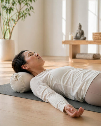 Sachi Organics Buckwheat Cylinder Neck Pillow cotton canvas cover provides durable comfort.