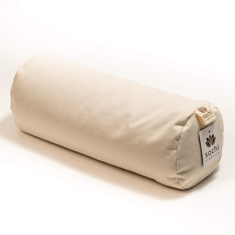 Sachi Organics Buckwheat Cylinder Neck Pillow hull-adjustment feature enabling personalized firmness.