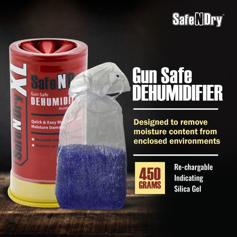 SafeNDry XL silica gel beads shown in display container with indicator color