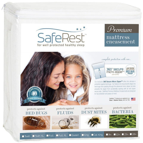 SafeRest zippered mattress protector offers 360-degree coverage for a clean, protected king bed.