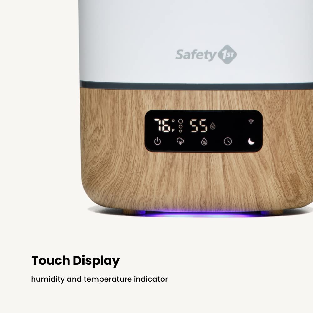 Safety 1st Connected Smart Humidifier shows hygrometer and nightlight in a nursery.