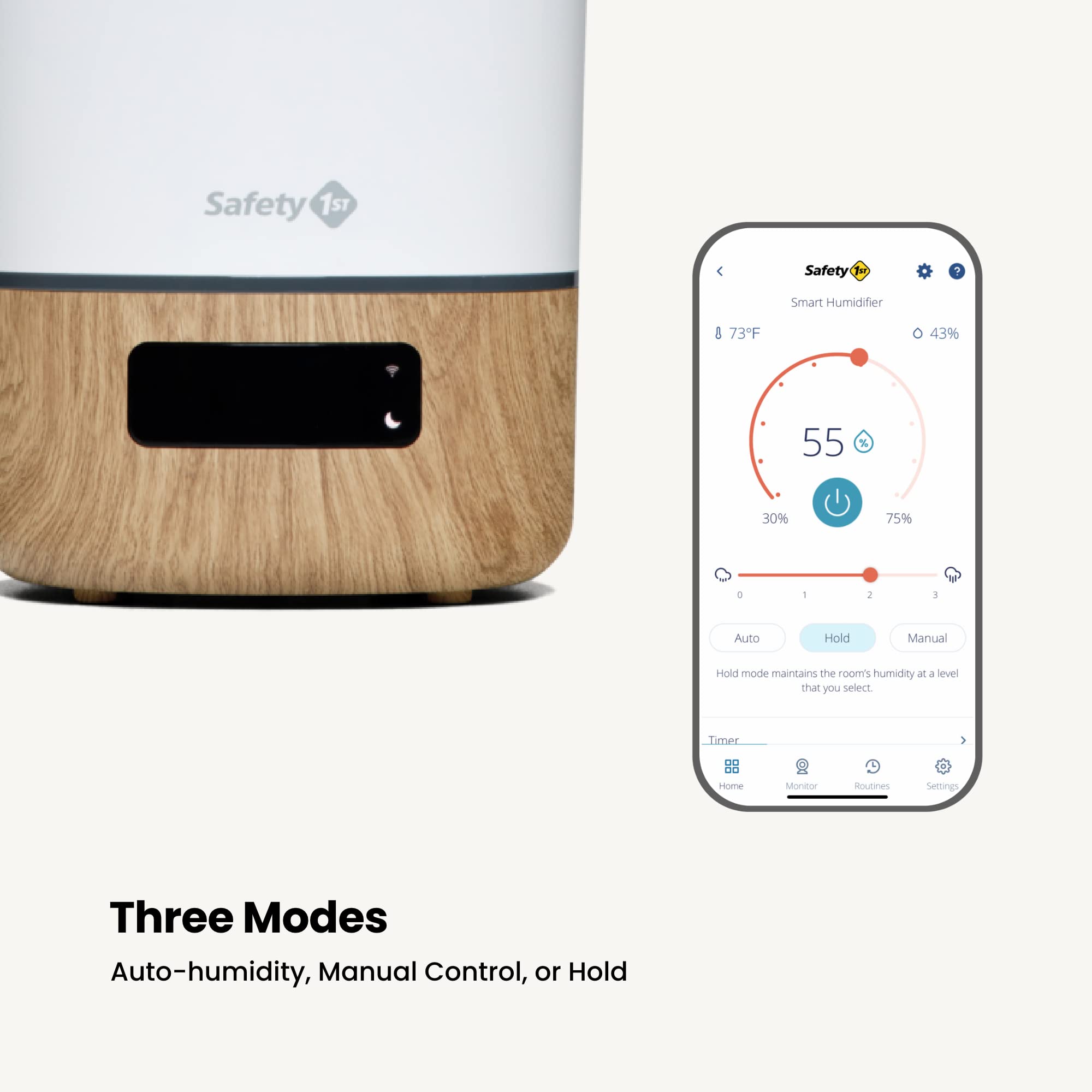 Safety 1st Connected Smart Humidifier touch display with humidity and temperature readout.