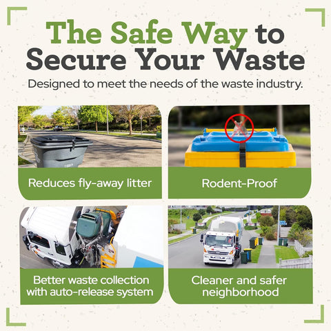 SafeWaste installation steps shown from template to snap-in latch.