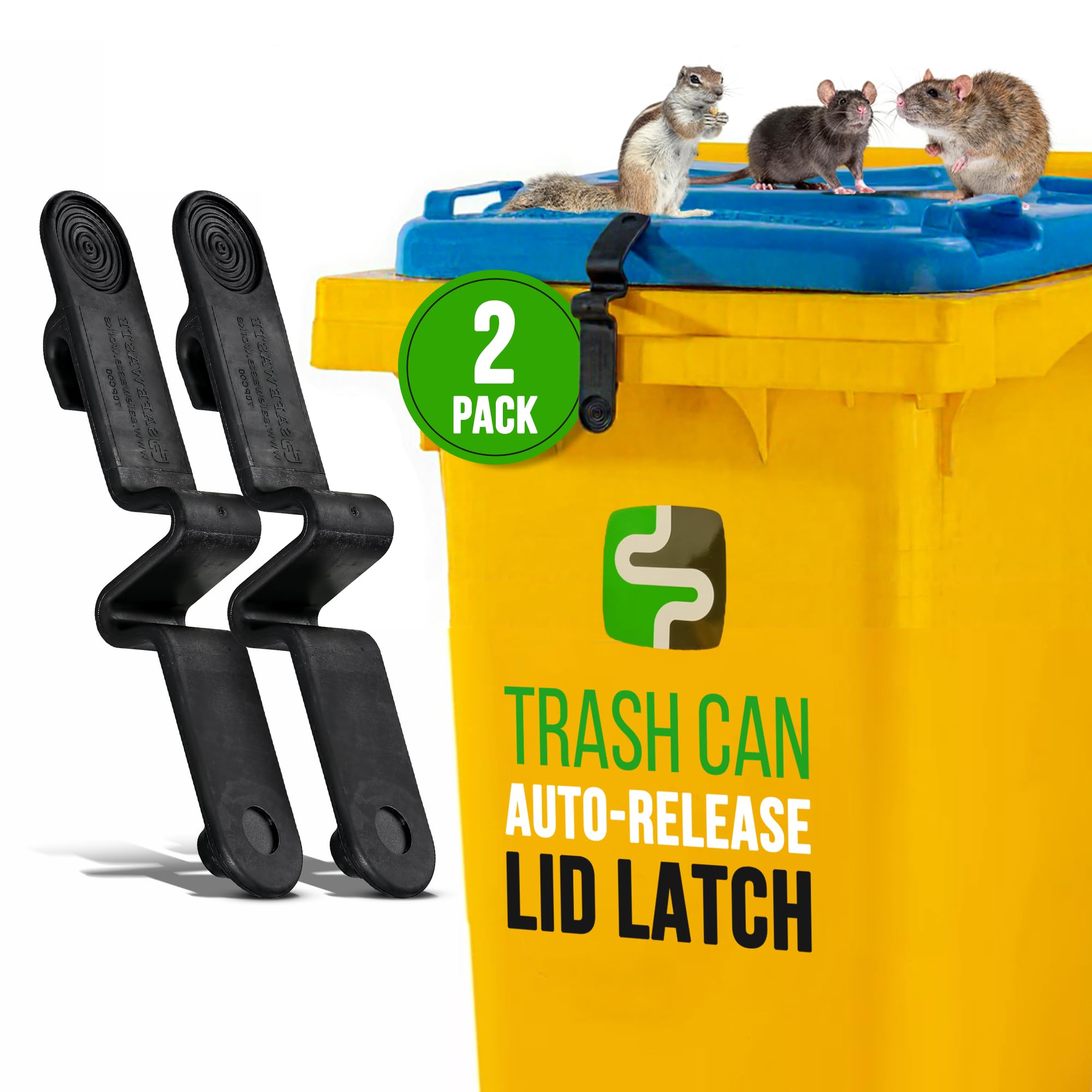 SafeWaste Push Clip Lock on bin lid deters animals and keeps outdoor waste secure.