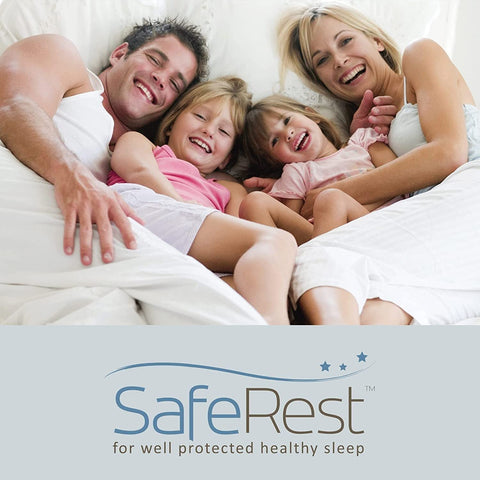 SafeRest pillow protector setup in a dorm room with bedding