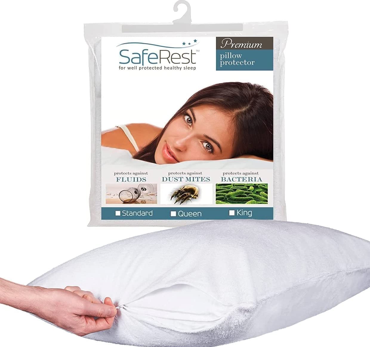 SafeRest pillow protector waterproof cover protecting a pillow while sleeping