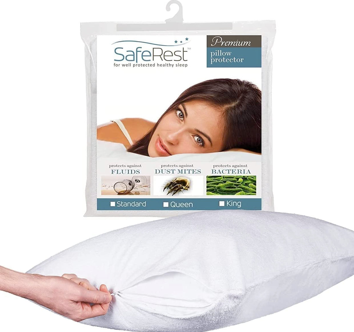 SafeRest pillow protector waterproof cover protecting a pillow while sleeping