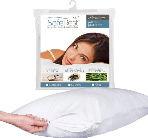 SafeRest pillow protector waterproof cover protecting a pillow while sleeping