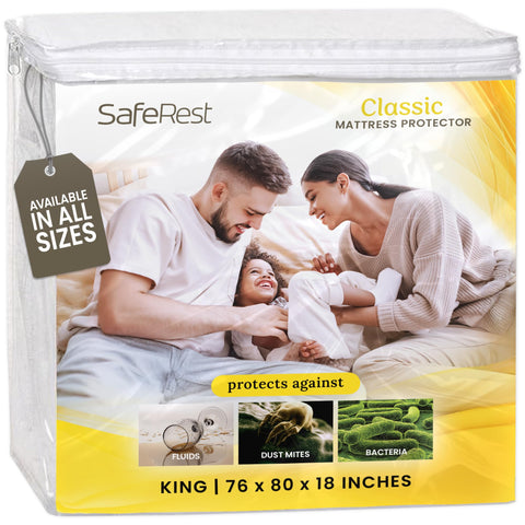 SafeRest waterproof king mattress protector with stretch pockets protecting against spills while staying breathable