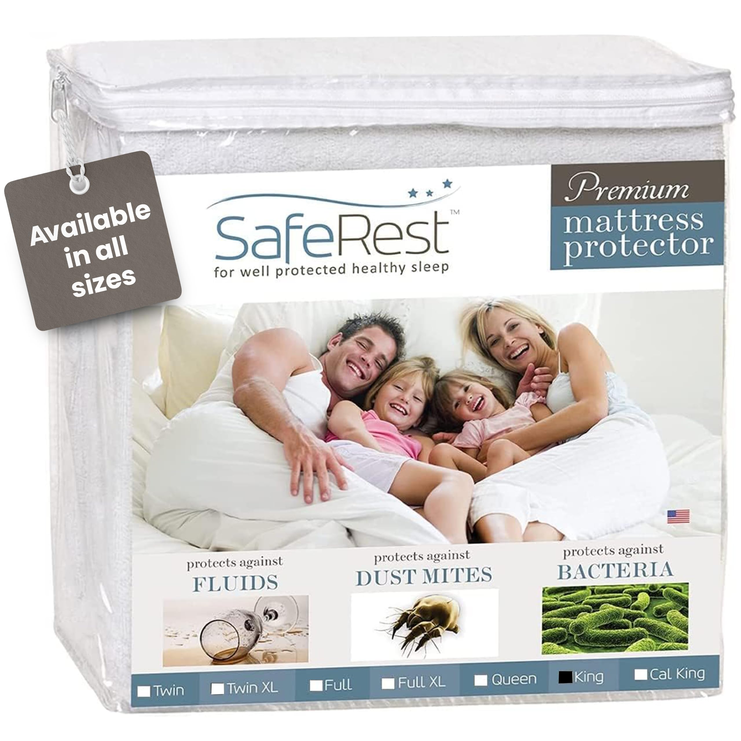 SafeRest waterproof king-size mattress protector keeps the bed dry.