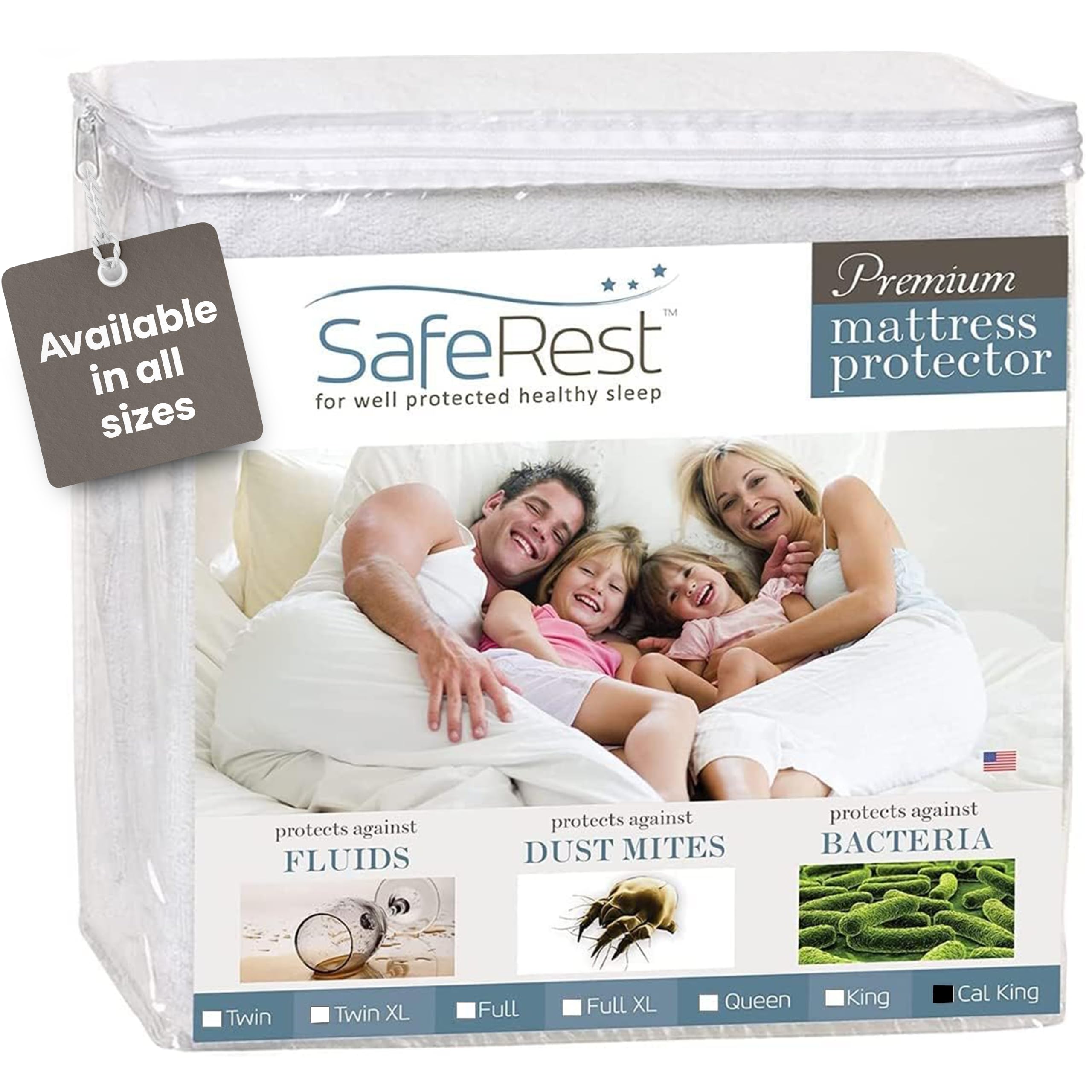 SafeRest waterproof mattress protector on a California king bed guarding against spills