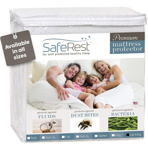 SafeRest waterproof mattress protector on a California king bed guarding against spills