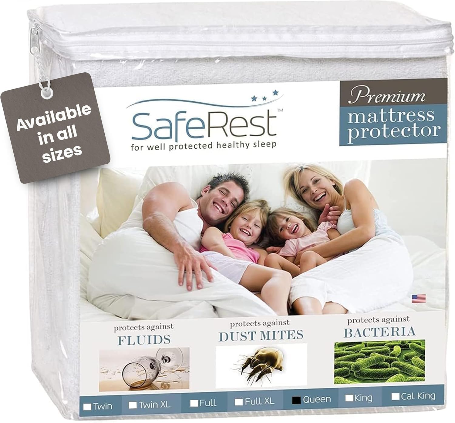 SafeRest waterproof queen mattress protector with fitted stretch pockets for secure, dry sleep
