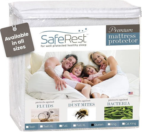 SafeRest waterproof queen mattress protector with fitted stretch pockets for secure, dry sleep